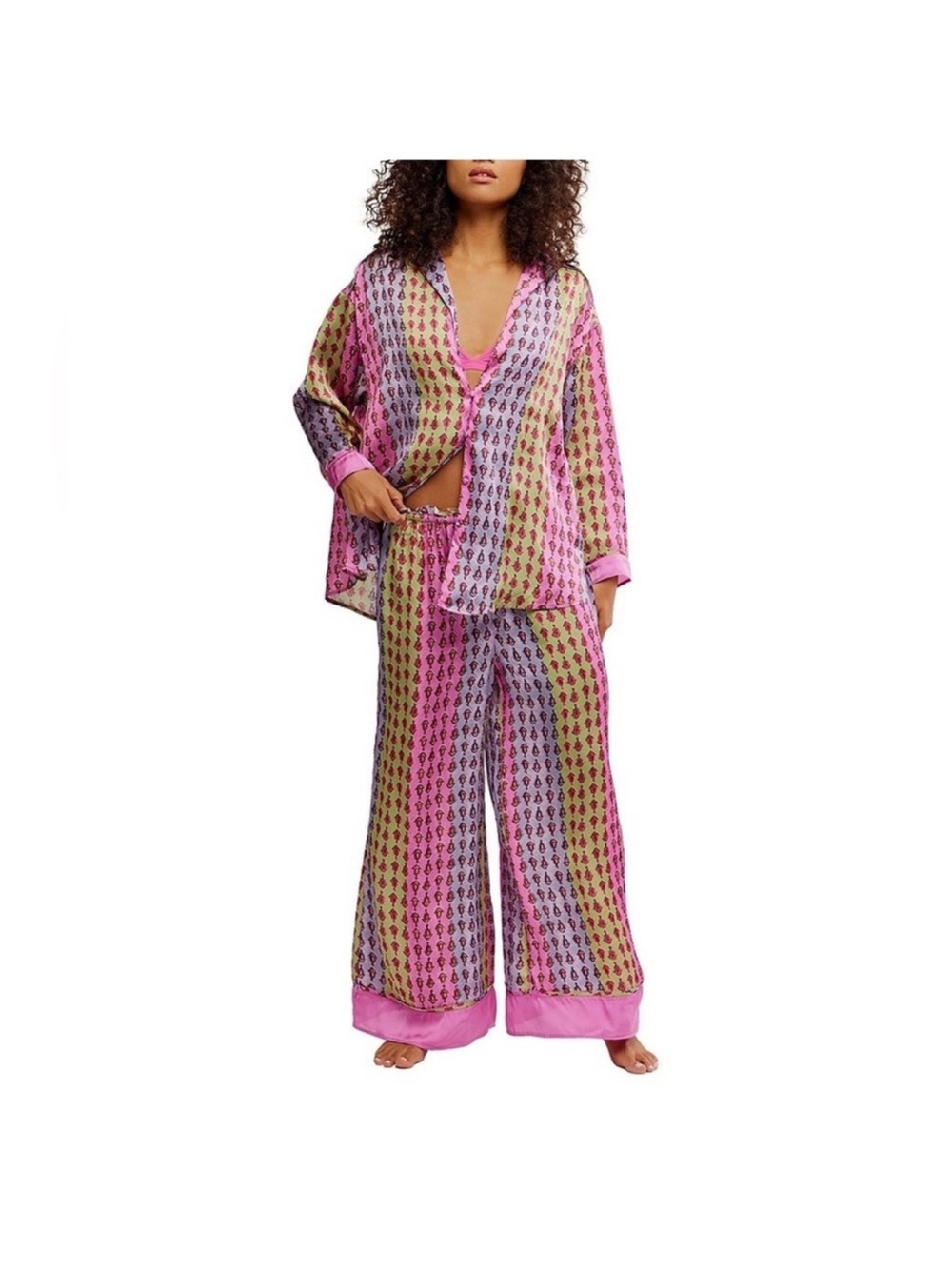 Free People Pink Multi-Stripe Satin Pajama Set with Olive Accents